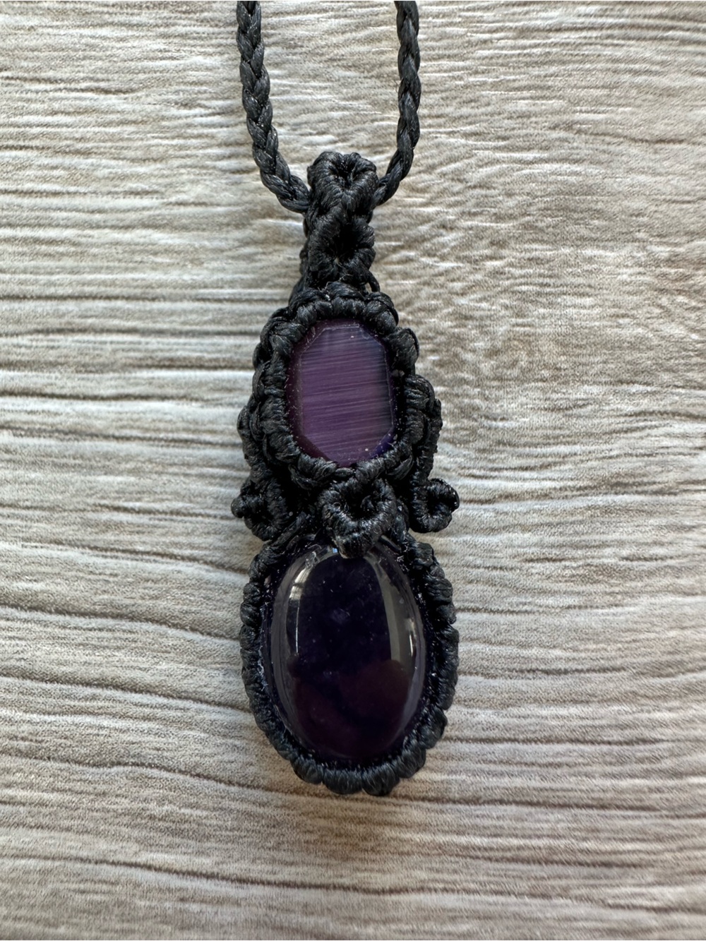 Micro-Macramé Amethyst Pendant Necklace - 38" Boho Cord Purple Handcrafted